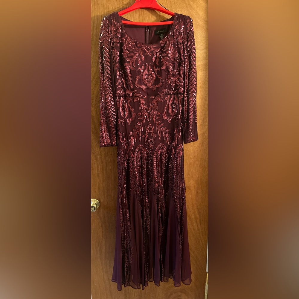 R&M Richards Burgundy Sequined Long Sleeve Evening Dress Size 12